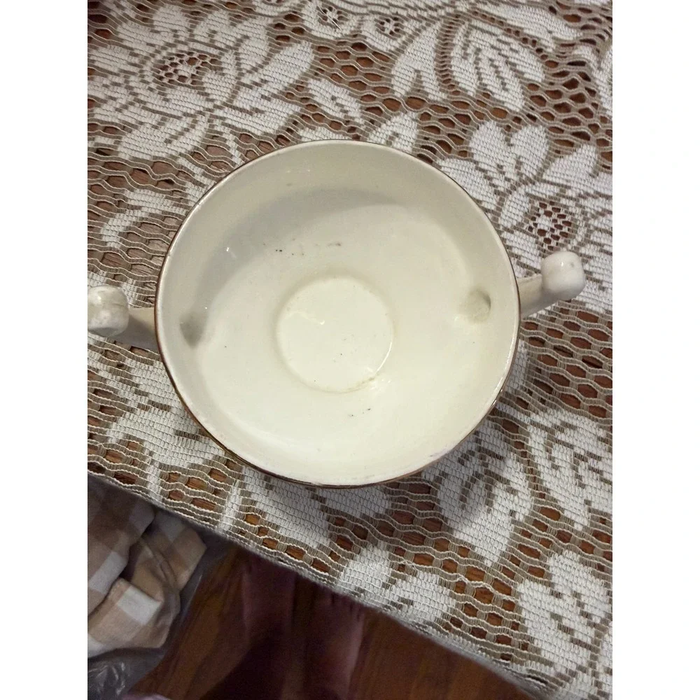 Vintage Floral Footed Sugar Bowl Gold Trim Cream Ceramic Double Handle Dish